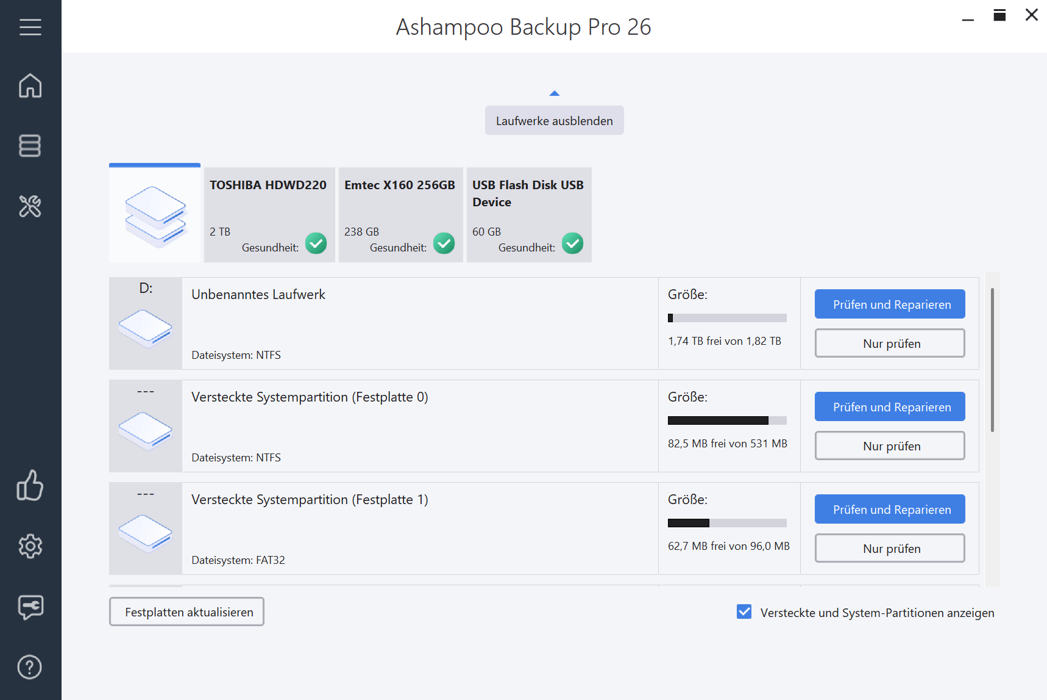 Dashboard mit allen Informationen über Backup-Prozesse