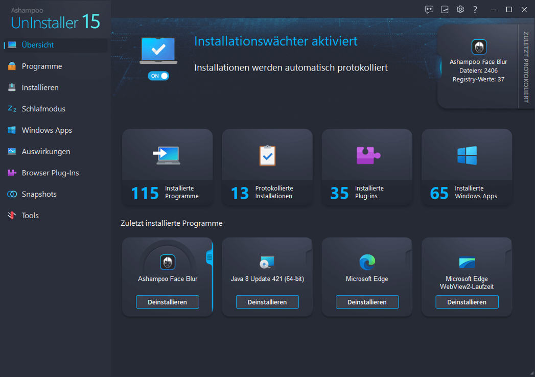 Ashampoo UnInstaller 15 mit neuem Installationswächter