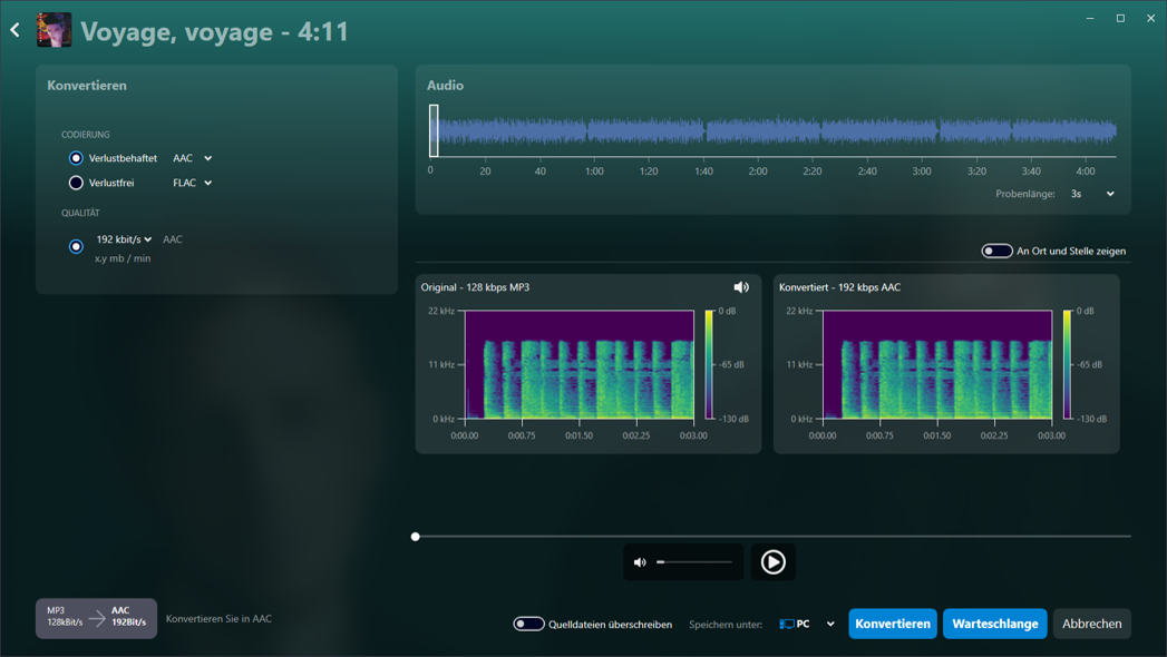 Vorschau und Frequenzanalyse im Audio-Konverter