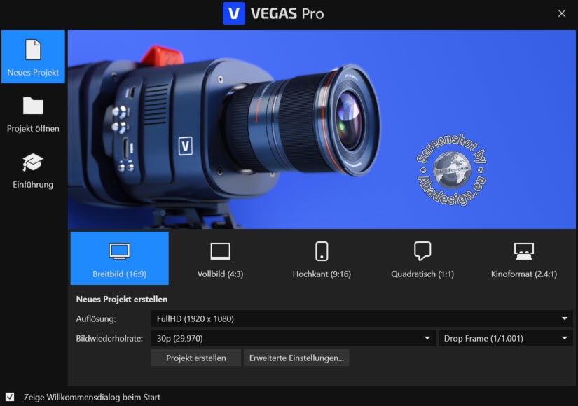 Neuer Willkommensbildschirm in VEGAS Pro 22
